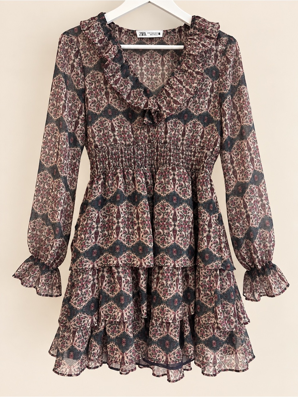 ZARA Boho Floral Ruffle Tiered Mini Dress Long Sleeve Size XS